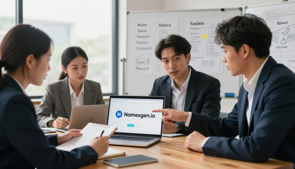 A diverse group of three professionals, dressed in smart business attire, gathered around a wooden table, actively engaged in a brainstorming session. One individual is holding a notepad, jotting down ideas, while another points at a laptop displaying a logo test for "Namesgen.io". In the background, a whiteboard filled with name concepts and sketches is visible, enhancing the creative atmosphere. Soft, natural lighting pours in through large windows, creating a warm and inviting ambiance. The angle captures the intensity and collaboration among the team, highlighting their focus on testing catchy names with their target audience. The mood conveys innovation and teamwork, perfect for showcasing the importance of feedback in the naming process. A diverse group of three professionals, dressed in smart business attire, gathered around a wooden table, actively engaged in a brainstorming session. One individual is holding a notepad, jotting down ideas, while another points at a laptop displaying a logo test for "Namesgen.io". In the background, a whiteboard filled with name concepts and sketches is visible, enhancing the creative atmosphere. Soft, natural lighting pours in through large windows, creating a warm and inviting ambiance. The angle captures the intensity and collaboration among the team, highlighting their focus on testing catchy names with their target audience. The mood conveys innovation and teamwork, perfect for showcasing the importance of feedback in the naming process.