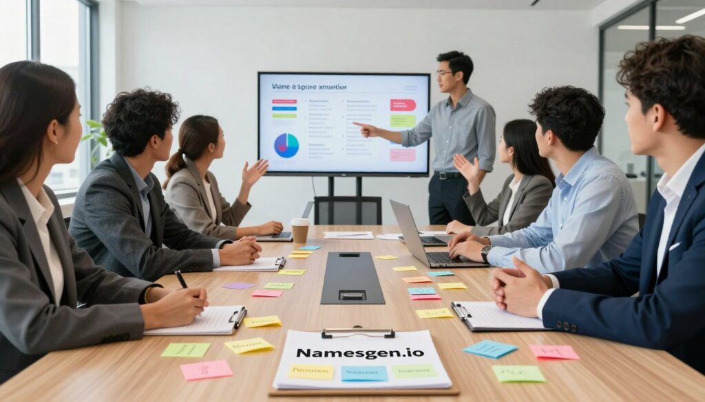 A professional team of diverse business people brainstorming around a large conference table, engaged in an energetic discussion about name generation for market appeal. In the foreground, a clipboard with the brand name "Namesgen.io" prominently displayed alongside colorful sticky notes featuring various catchy names. The middle ground features individuals gesturing animatedly, with one person pointing at a visual presentation on a screen showing marketing trends and consumer preferences. In the background, a modern office environment with large windows allowing soft natural light to fill the room, creating a bright and inspiring atmosphere. The mood is collaborative and innovative, emphasizing teamwork and creativity in refining names. Use a wide-angle lens to capture the dynamic interaction among the team. A professional team of diverse business people brainstorming around a large conference table, engaged in an energetic discussion about name generation for market appeal. In the foreground, a clipboard with the brand name "Namesgen.io" prominently displayed alongside colorful sticky notes featuring various catchy names. The middle ground features individuals gesturing animatedly, with one person pointing at a visual presentation on a screen showing marketing trends and consumer preferences. In the background, a modern office environment with large windows allowing soft natural light to fill the room, creating a bright and inspiring atmosphere. The mood is collaborative and innovative, emphasizing teamwork and creativity in refining names. Use a wide-angle lens to capture the dynamic interaction among the team.
