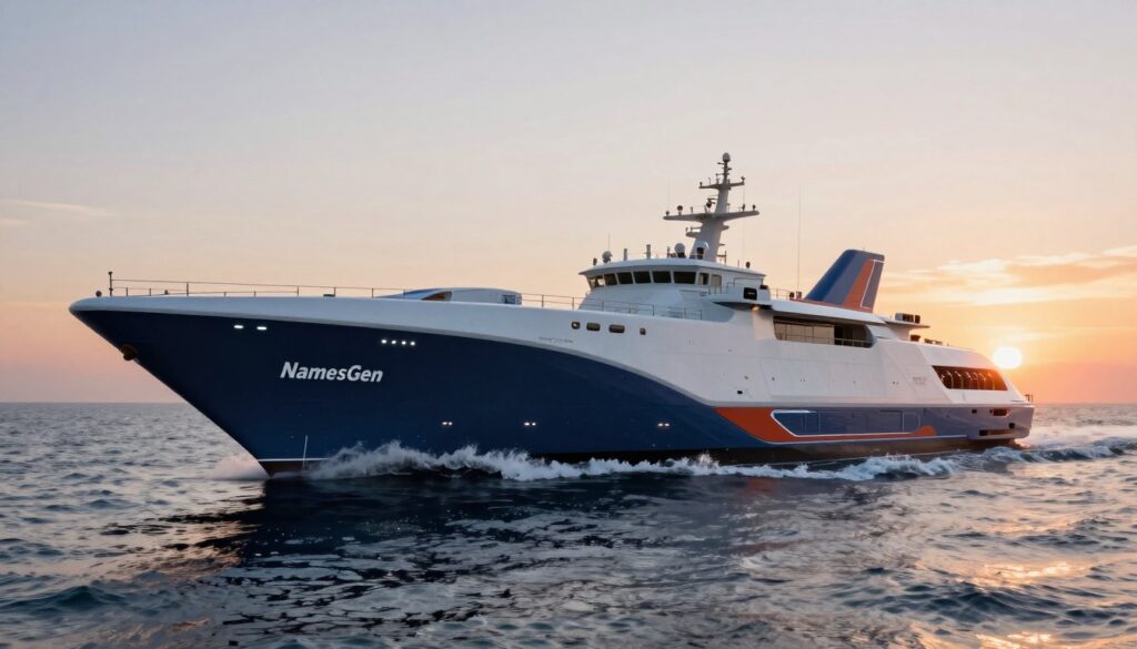 A sleek, futuristic generator ship named "NamesGen" glides through a calm ocean, showcasing its innovative design and vibrant color scheme. In the foreground, the ship's hull is detailed with advanced technology and glowing accents, reflecting its purpose as a name generator. The middle layer features gentle waves lapping against the ship, hinting at its journey through the waters of creativity. In the background, a bright sunset casts warm hues across the sky, creating a serene atmosphere that encourages inspiration and imagination. The lighting is soft yet dynamic, emphasizing the ship's sleek lines. Shot from a low angle, this view showcases the vessel's grandeur while inviting viewers into the world of unique and creative ship names.