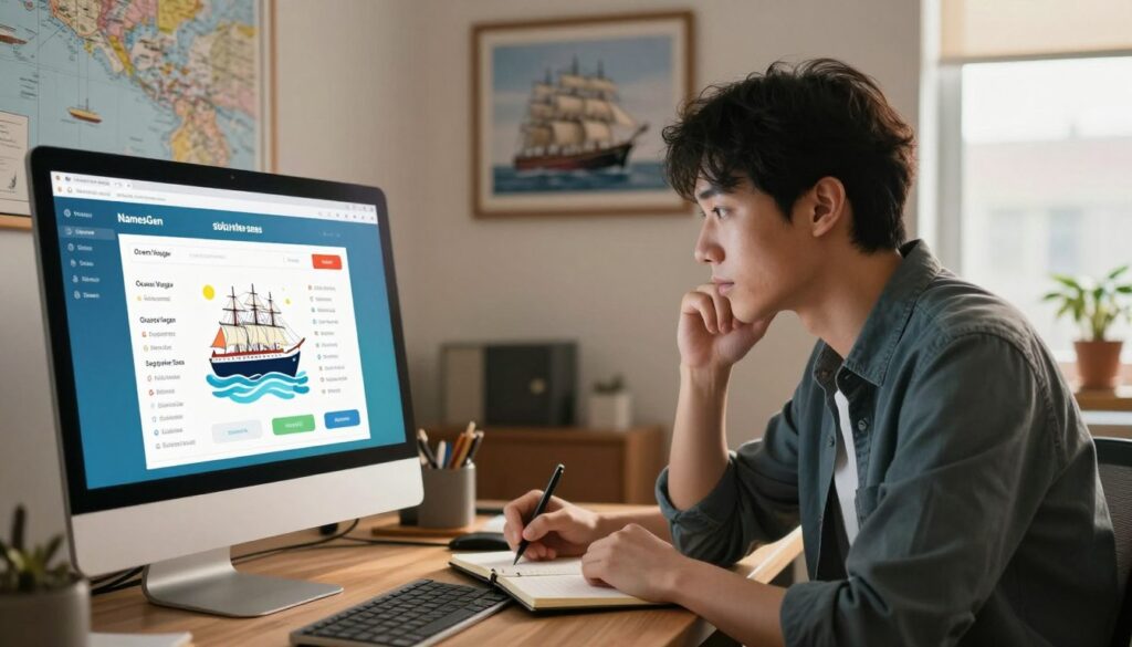A vibrant and engaging scene depicting a ship name generator in action, set in a cozy office environment. In the foreground, a sleek, modern computer screen displays a colorful interface of the "NamesGen" ship name generator, featuring various ship names like "Ocean Voyager" and "Sapphire Seas" swirling on the screen. In the middle, a thoughtful young professional, dressed in smart casual attire, is intently focused on the screen, jotting down ideas in a notebook. In the background, a wall adorned with nautical maps and framed images of famous ships creates an adventurous atmosphere. Soft, warm lighting filters in from a nearby window, casting a gentle glow in the room, evoking a sense of creativity and inspiration. The overall mood is one of excitement and possibility, perfect for anyone looking to create unique ship names.